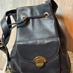 Paloma Picasso Vintage Chic Black Leather Backpack with Gold Accents